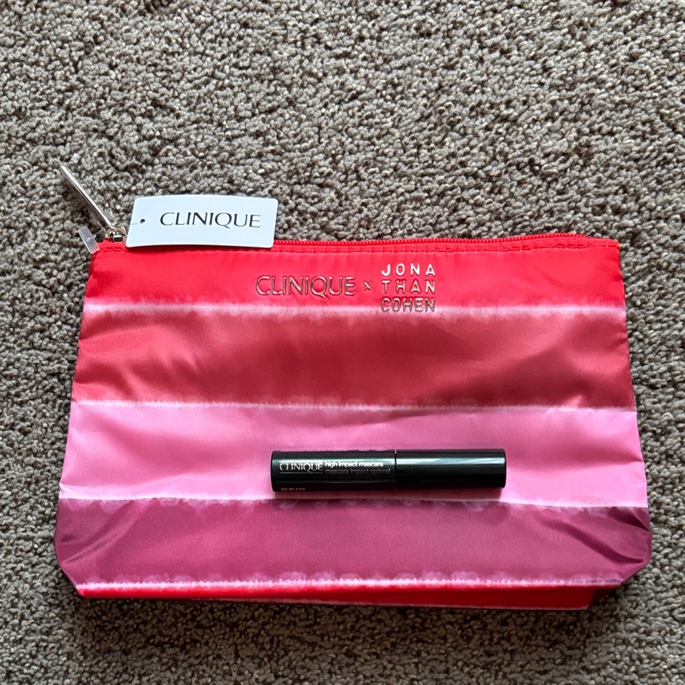 New Clinique Jonathan Cohen Striped Pink and Red makeup Bag with Black Mascara